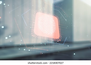 Multi exposure of virtual fingerprint scan interface on contemporary business center exterior background, digital access concept