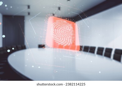 Multi exposure of virtual fingerprint scan interface on a modern furnished office interior background, digital access concept