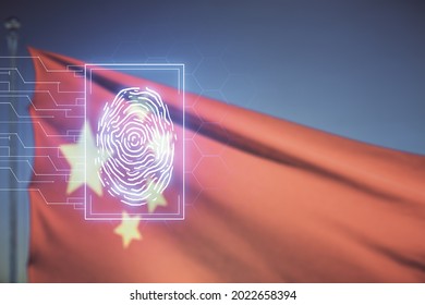 Multi exposure of virtual graphic fingerprint sketch on Chinese flag and sunset sky background, fingerprint scan data concept
