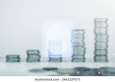 Multi exposure of virtual graphic fingerprint sketch on coins background, fingerprint scan data concept