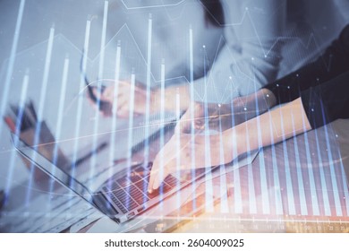 Multi exposure of woman hands typing on computer and financial chart hologram drawing. Stock market analysis concept.