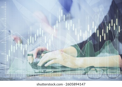 Multi exposure of woman hands typing on computer and financial graph hologram drawing. Stock market analysis concept.