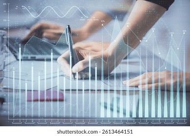 Multi exposure of woman hands typing on computer and financial chart hologram drawing. Stock market analysis concept.