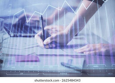Multi exposure of woman hands typing on computer and financial chart hologram drawing. Stock market analysis concept.
