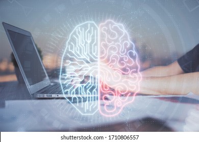 Multi Exposure Of Woman Hands Working On Computer And Human Brain Hologram Drawing. Ai Tech Concept.