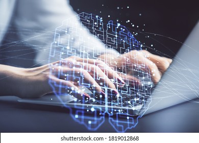 Multi Exposure Of Woman Hands Working On Computer And Human Brain Hologram Drawing. Ai Tech Concept.