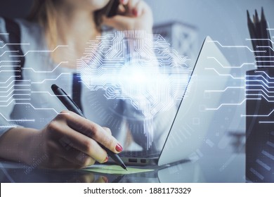 Multi Exposure Of Woman Hands Working On Computer And Human Brain Hologram Drawing. Ai Tech Concept.