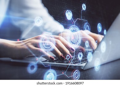 Multi exposure of woman hands working on computer and data theme hologram drawing. Tech concept.