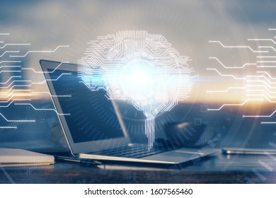 Multi exposure of work space with computer and human brain hologram. Brainstorm concept.