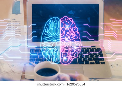 Multi exposure of work space with computer and human brain hologram. Brainstorm concept.