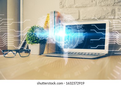 Multi exposure of work space with computer and human brain hologram. Brainstorm concept.