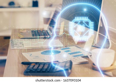 Multi exposure of work space with computer and human brain hologram. Brainstorm concept.