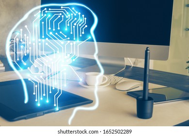 Multi exposure of work space with computer and human brain hologram. Brainstorm concept.