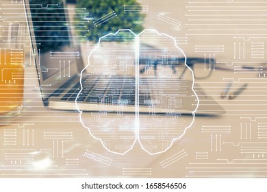 Multi exposure of work space with computer and human brain hologram. Brainstorm concept.