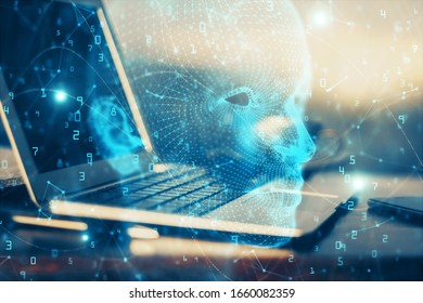 Multi exposure of work space with computer and human brain hologram. Brainstorm concept.