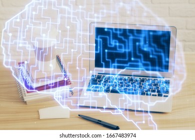Multi exposure of work space with computer and human brain hologram. Brainstorm concept.