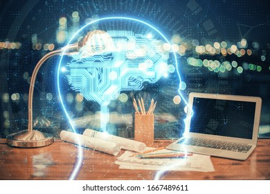 Multi exposure of work space with computer and human brain hologram. Brainstorm concept.