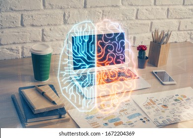 Multi exposure of work space with computer and human brain hologram. Brainstorm concept.