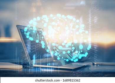 Multi exposure of work space with computer and human brain hologram. Brainstorm concept.