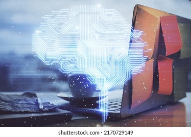 Multi exposure of work space with computer and human brain hologram. Brainstorm concept.
