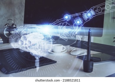 Multi exposure of work space with computer and human brain hologram. Brainstorm concept.