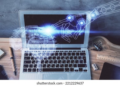 Multi exposure of work space with computer and human brain hologram. Brainstorm concept.