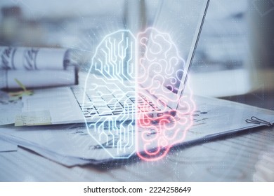 Multi Exposure Of Work Space With Computer And Human Brain Hologram. Brainstorm Concept.