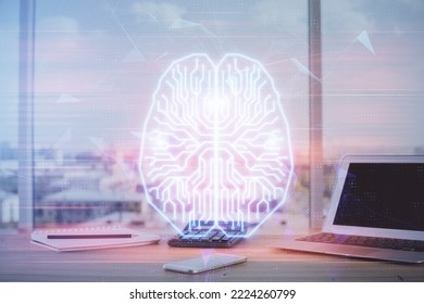 Multi Exposure Of Work Space With Computer And Human Brain Hologram. Brainstorm Concept.