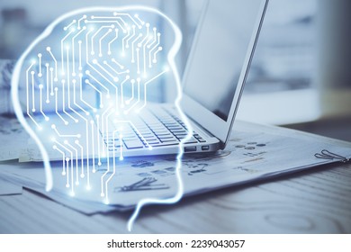 Multi exposure of work space with computer and human brain hologram. Brainstorm concept.