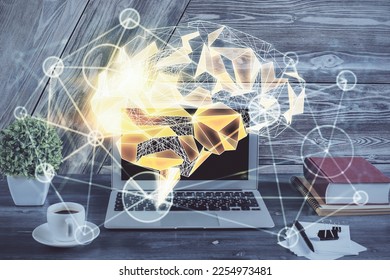 Multi exposure of work space with computer and human brain hologram. Brainstorm concept.