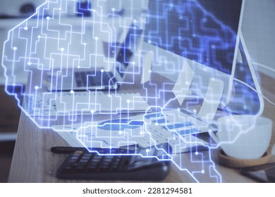 Multi exposure of work space with computer and human brain hologram. Brainstorm concept.
