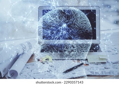 Multi exposure of work space with computer and human brain hologram. Brainstorm concept.