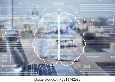 Multi exposure of work space with computer and human brain hologram. Brainstorm concept.
