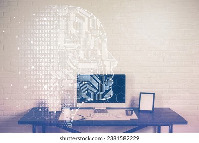 Multi exposure of work space with computer and human brain hologram. Brainstorm concept.