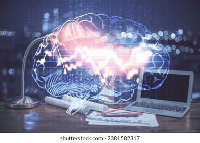 Multi exposure of work space with computer and human brain hologram. Brainstorm concept.