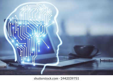 Multi exposure of work space with computer and human brain hologram. Brainstorm concept.