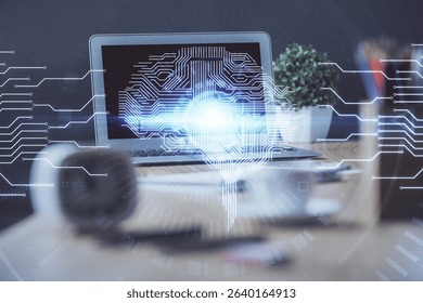 Multi exposure of work space with computer and human brain hologram. Brainstorm concept.
