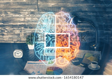 Multi exposure of work space with computer and human brain hologram. Brainstorm concept.