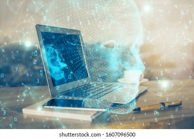 Multi exposure of work table with computer and brain hologram. Brainstorm concept.