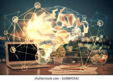Multi exposure of work table with computer and brain hologram. Brainstorm concept.