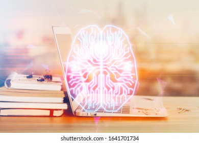 Multi exposure of work table with computer and brain hologram. Brainstorm concept.