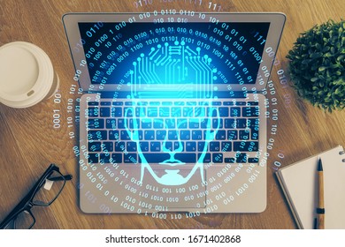Multi exposure of work table with computer and brain hologram. Brainstorm concept.