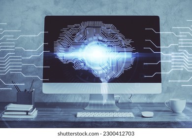 Multi exposure of work table with computer and brain hologram. Brainstorm concept.