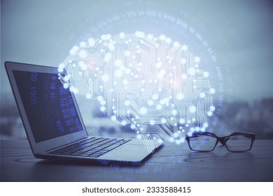 Multi exposure of work table with computer and brain hologram. Brainstorm concept.