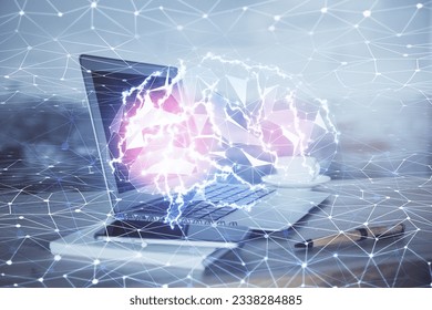 Multi exposure of work table with computer and brain hologram. Brainstorm concept.