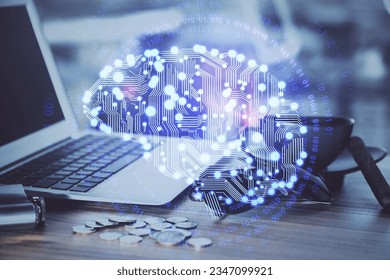 Multi exposure of work table with computer and brain hologram. Brainstorm concept.