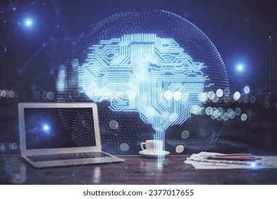 Multi exposure of work table with computer and brain hologram. Brainstorm concept.