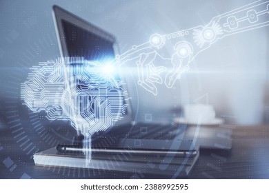 Multi exposure of work table with computer and brain hologram. Brainstorm concept.