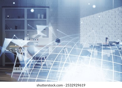 Multi exposure of world map drawing and office interior background. Concept of international network.