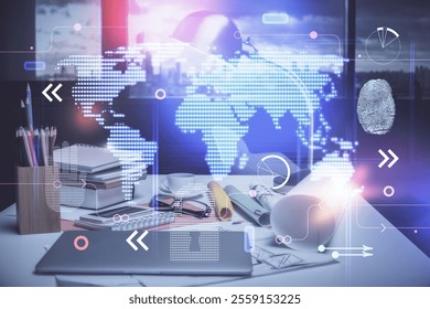 Multi exposure of world map drawing and office interior background. Concept of international network.